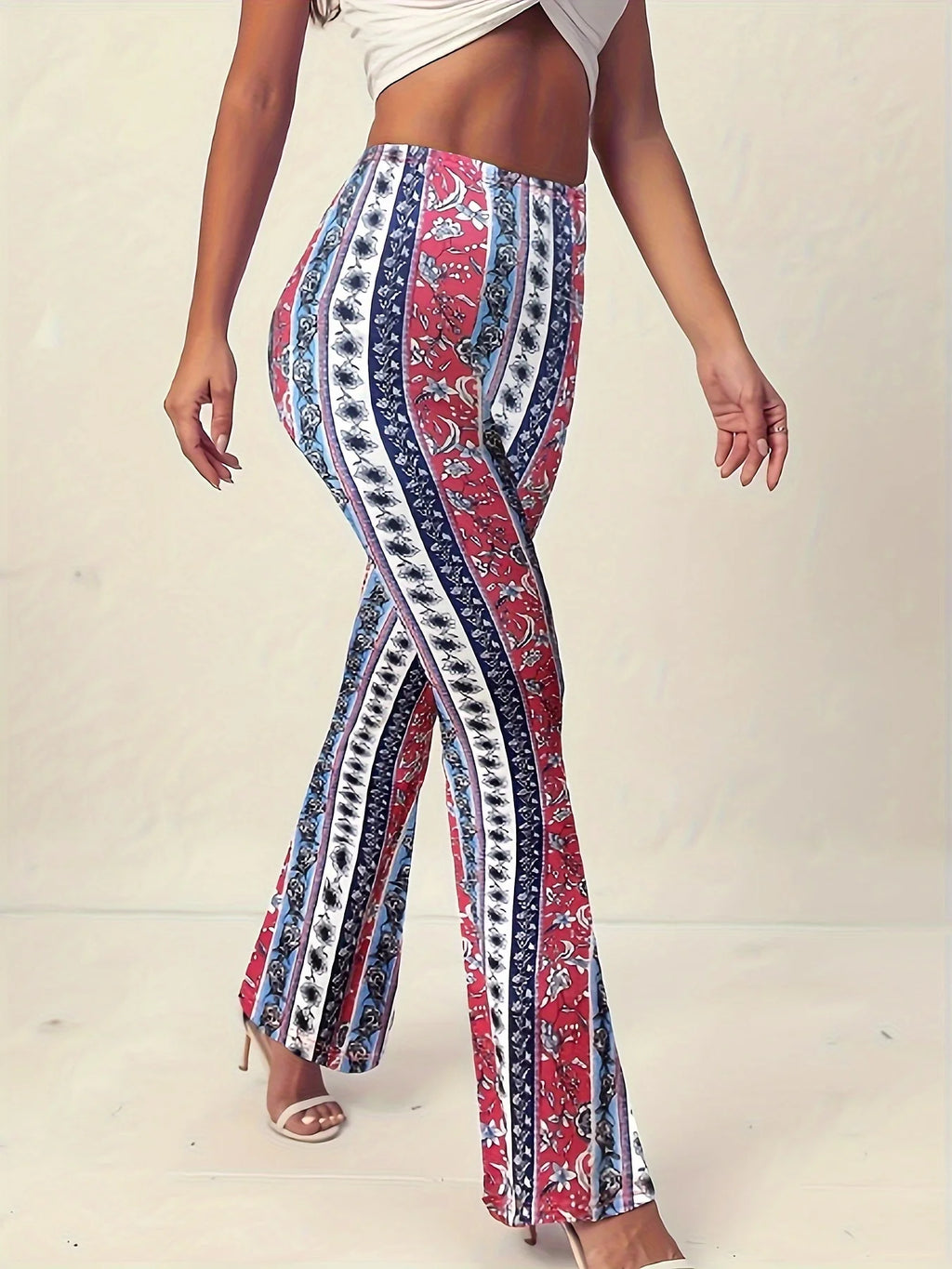 Ladies' Elegant Floral Print Flared Pants Casual Leggings Fashionable Women's Comfortable Long Pants