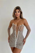 Customized Sparkly Sequin Evening Formal Dress Sheer Long Sleeve Mini Prom Dress for Women Bodycon Short Cocktail Gown