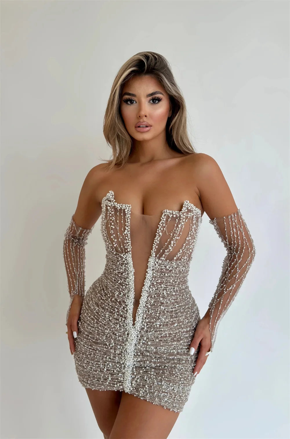 Customized Sparkly Sequin Evening Formal Dress Sheer Long Sleeve Mini Prom Dress for Women Bodycon Short Cocktail Gown
