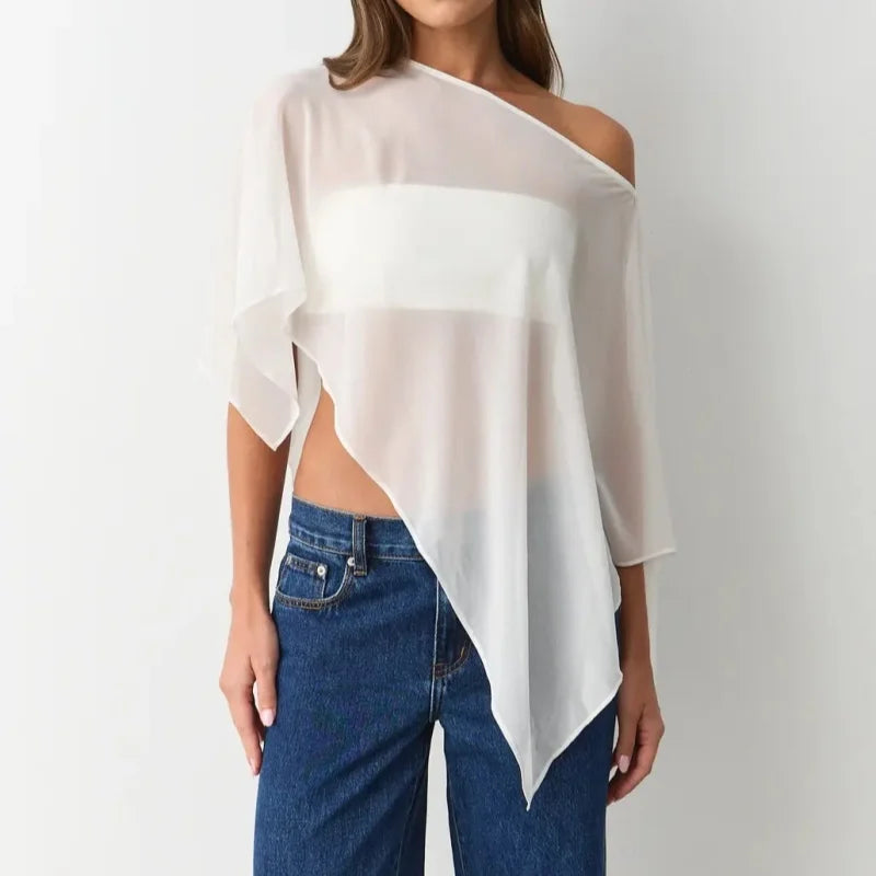 Womens Sheer Mesh Poncho Y2k Loose Solid Boat Neck Irregular Shrug Trendy Casual See Through Off Shoulder Beach Coverup Top New