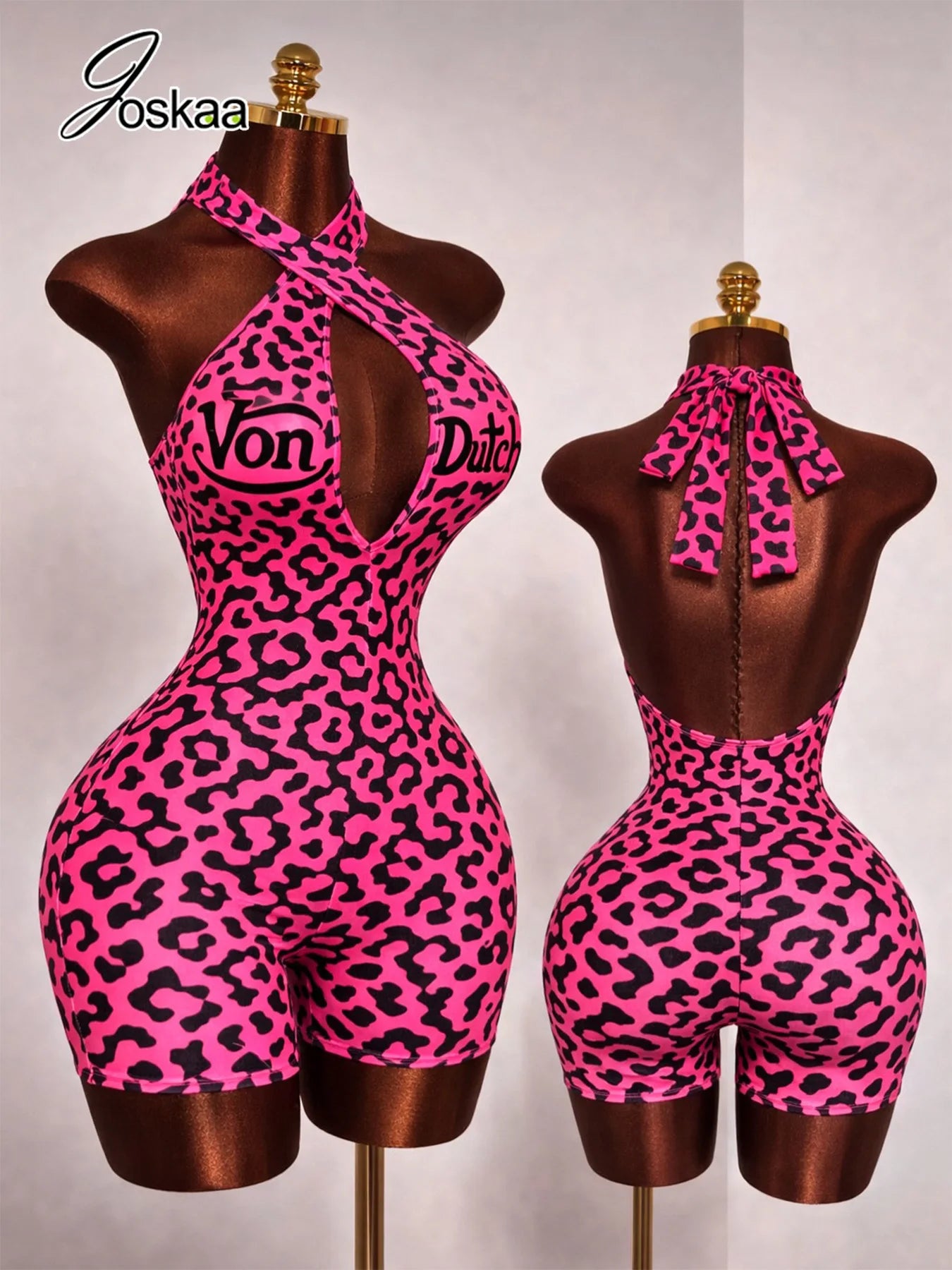 Joskaa 2026 Summer Women's Print Backless Playsuit Sexy Cross Halter Bandage Deep V-Neck Sleeveless Skinny Romper Party Clubwear