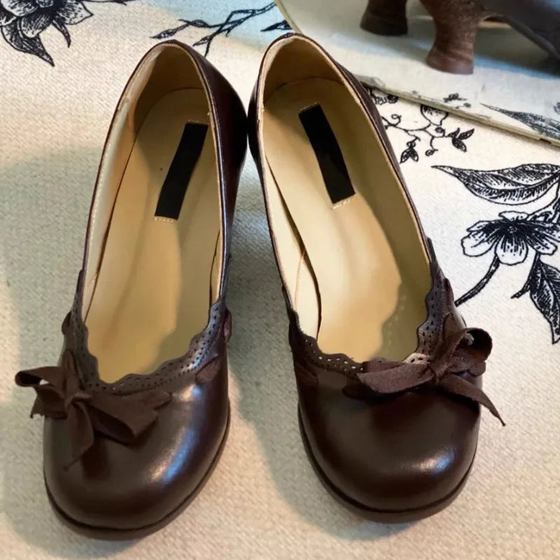 Vintage Brown Chunky Heel Women Pumps Bowknot Round Toe Design Elegant Mary Jane Shoes Comfortable Autumn Winter Women's Shoes
