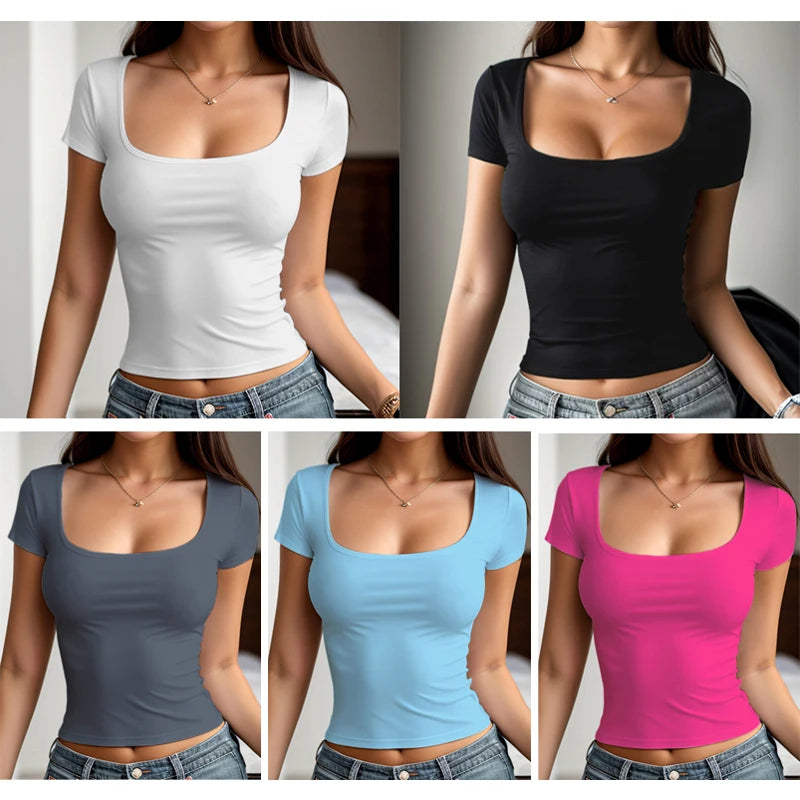 Short Sleeve T-shirt for Women Summer Solid Color Elastic Square-cut Collar slim fit Tops Sexy Y2k Street Wear Tee Fashion Qx33
