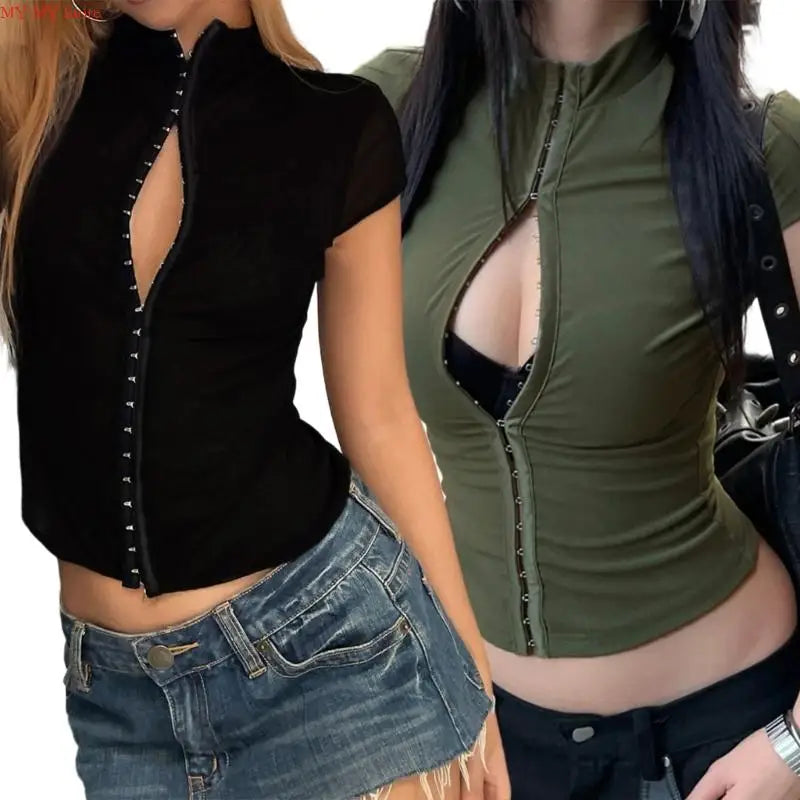 Women's Summer Short Sleeve Shirt Front Hook and Eye Closure Blouse Collared Ribbed Kintted Crop Top Goings Out Tops