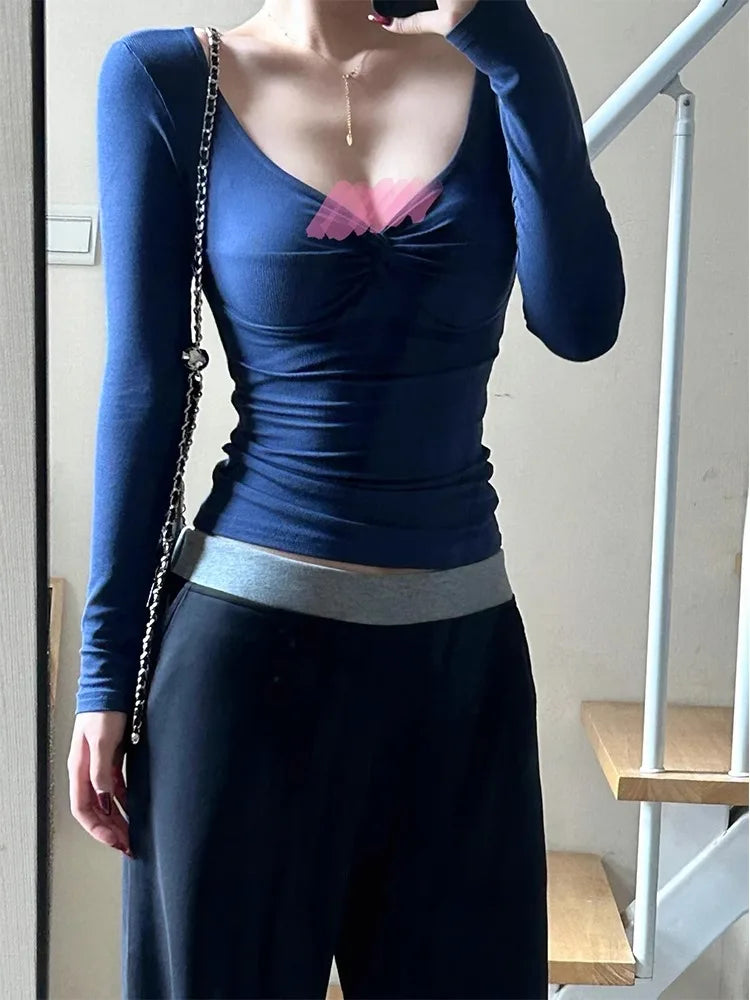 Women Fashion Deep V Neck Tops Long Sleeve T Shirt Autumn Female Sexy Low Cut Solid Slim Fit T-shirts Aesthetic Clothes