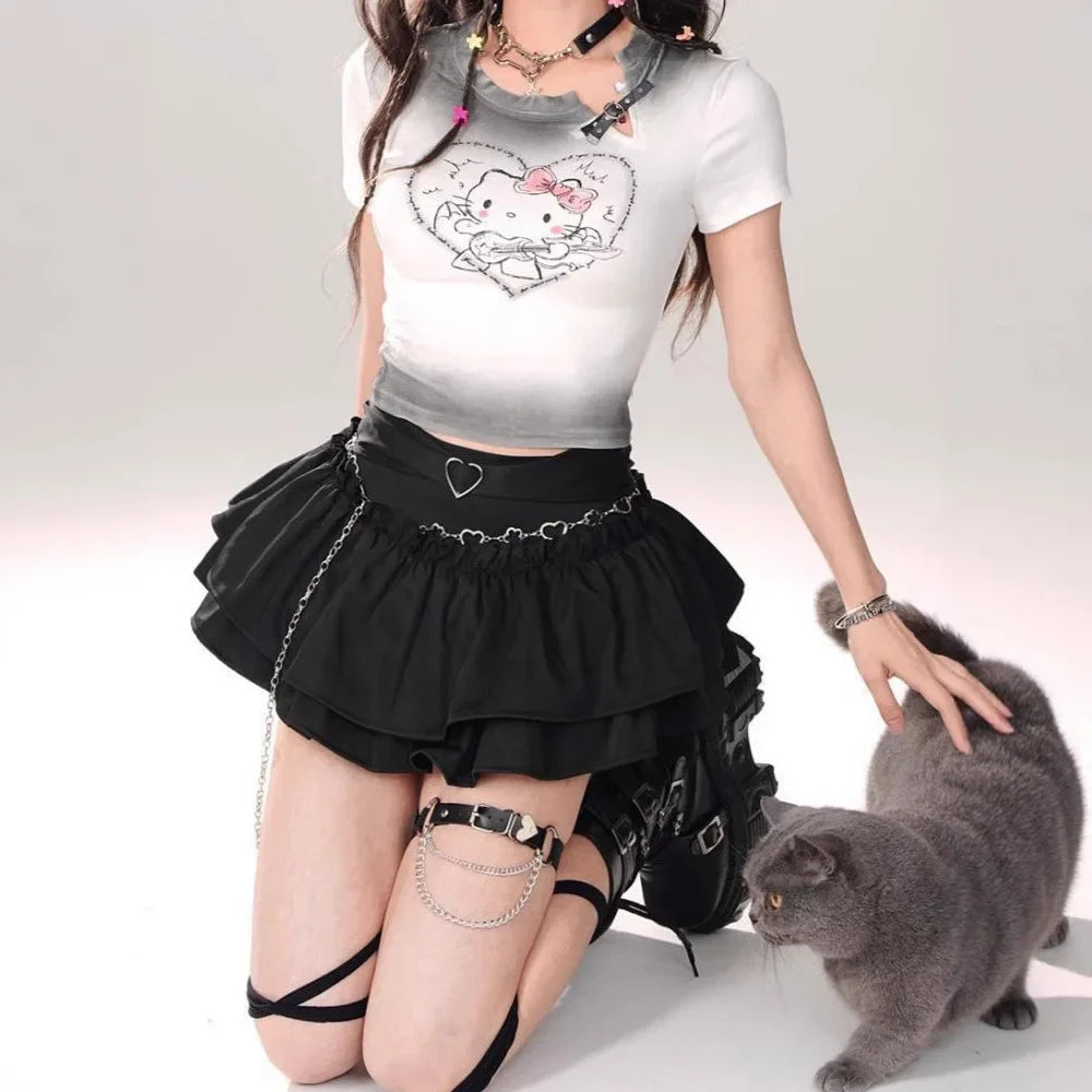 Retro Black Lace Puffy Cake Half Skirt Women's Summer New Small Size High Waist Slim A- Line Short Skirt Pure Color Ruffles
