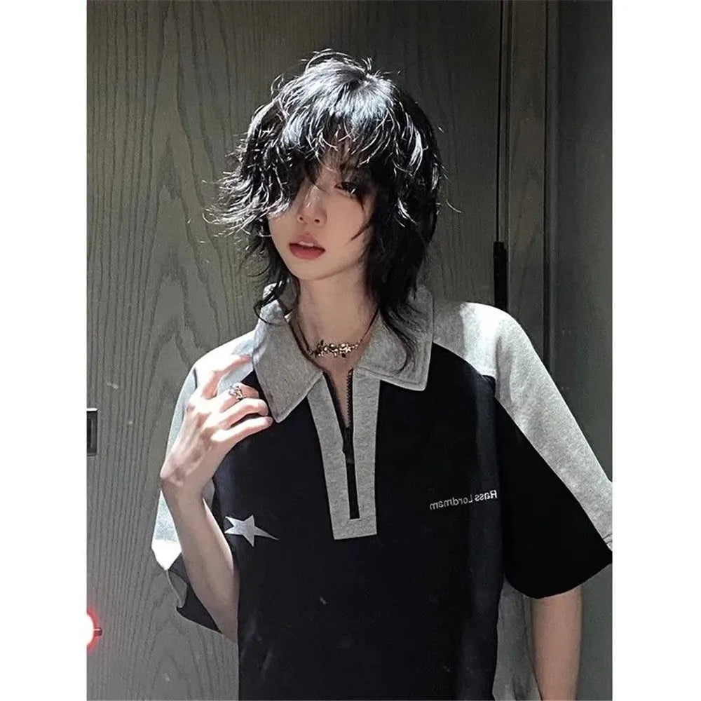 Y2k Summer Polo T-Shirts Women American Vintage New Cotton Contrast Panels Casual Harjuku  Shirts Short Sleeve Women Casual Tops