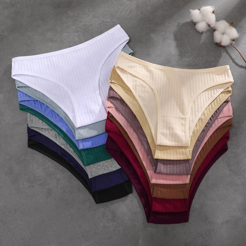 4Pcs/Set Cotton Panties Women Striped Solid Color Briefs Sexy Low-Waist Breathable Underpants Ladies Soft Stretch Lingerie M-XL