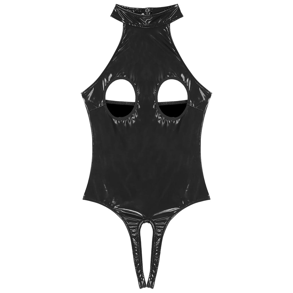 Womens Latex Lingerie Cutout Patent Leather Bodysuit Halter Neck Backless Crotchless Open Cup Teddies Leotard Erotic Clubwear