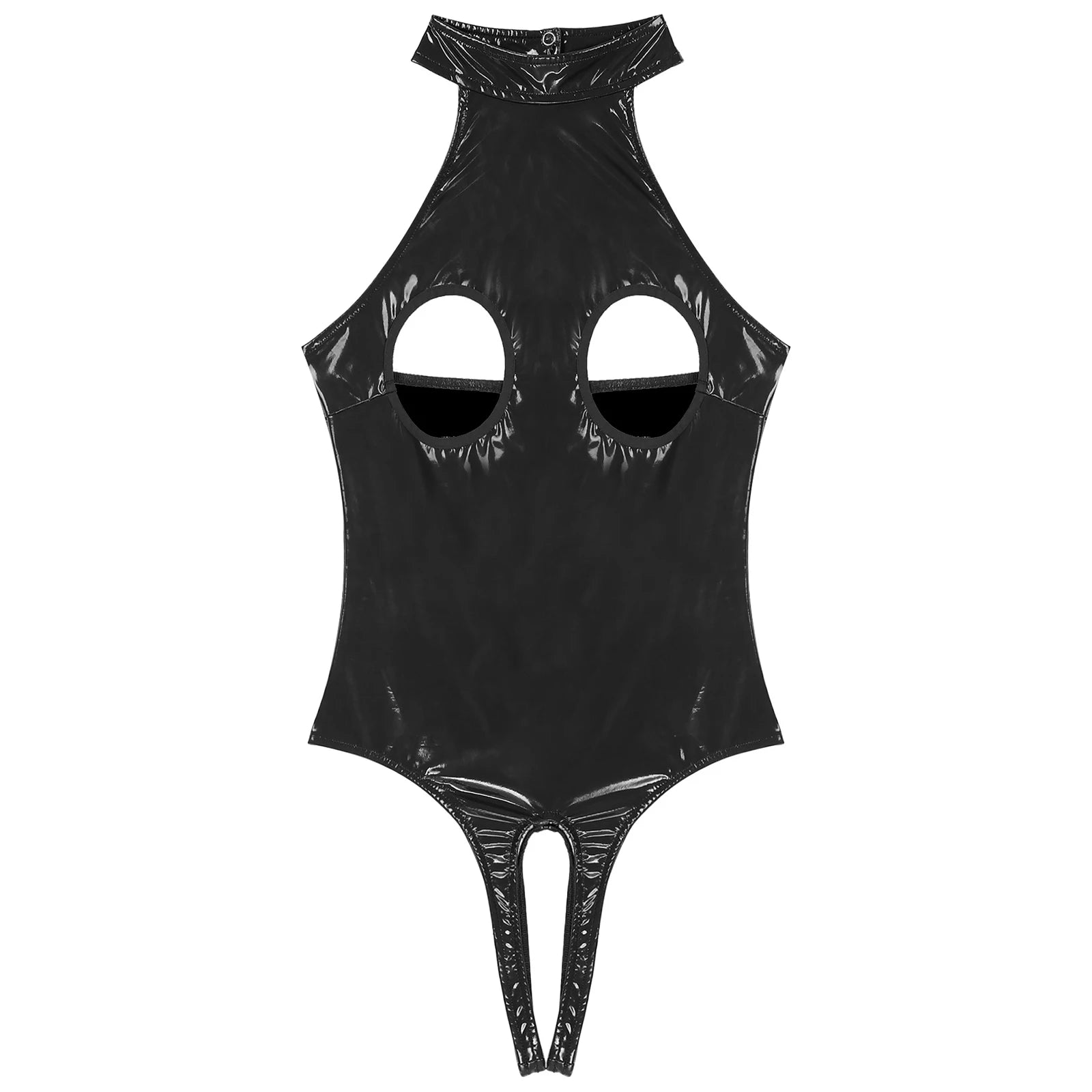 Womens Latex Lingerie Cutout Patent Leather Bodysuit Halter Neck Backless Crotchless Open Cup Teddies Leotard Erotic Clubwear