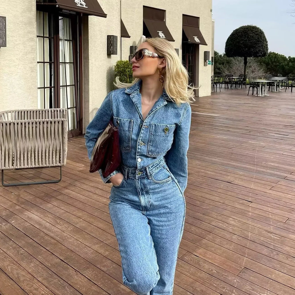 Women's Long-Sleeved Jumpsuit Jeans Fashionable Button-Front Collar with Pockets Straight-Leg Slim-Fit Denim Jumpsuit