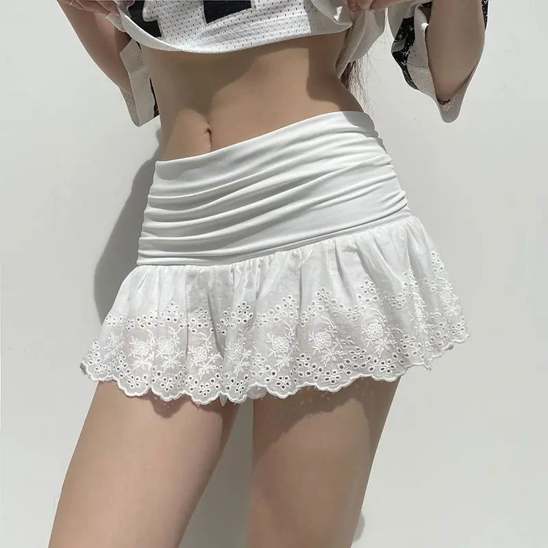 New Women's High Waist Pleated Mini Skirt White Patchwork Ruffle Trim Slim Fit A-line Skirt Thai Romantic Style Fashion Outfit