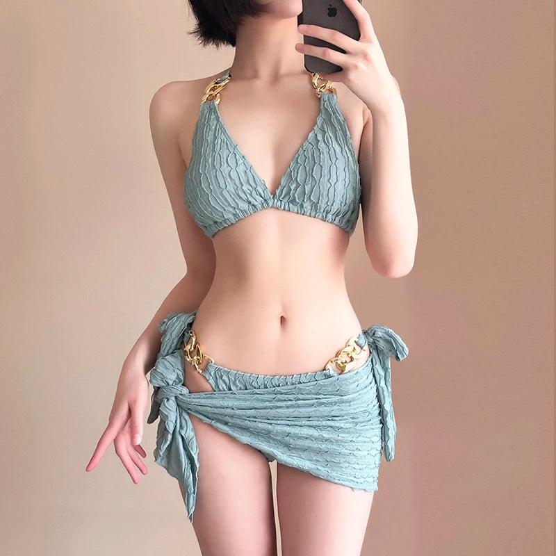 Women's Bikini Swimsuit Three-piece Set Holiday Thermal Spa Wrap Sensual Strap Small Chest Gathered Separate Swimwear