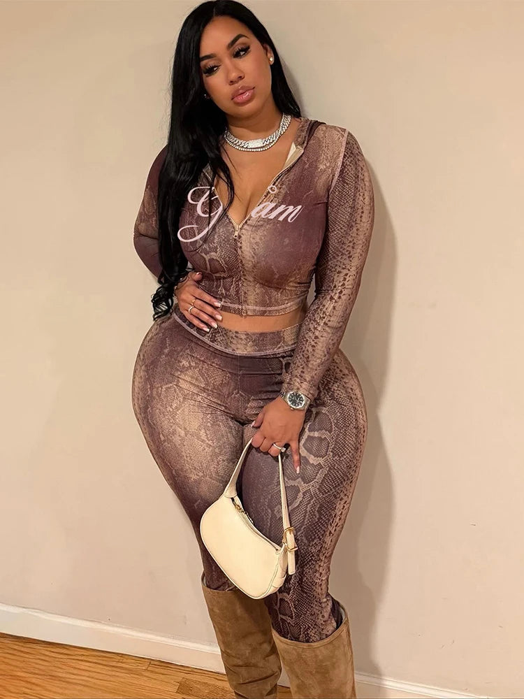 Kliou Serpentine Design 2 Piece Set Woman Letter Print Zip Full Sleeve Crop Jacket+Skinny Long Pants Street Sexy Wild Style Suit