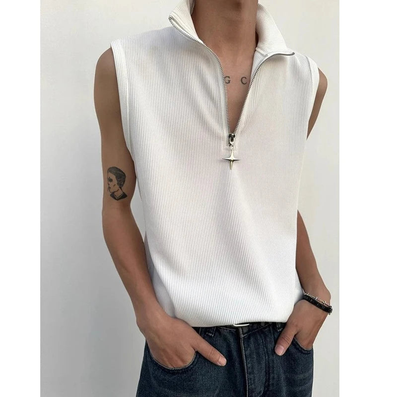 High Street Zipper Patchwork Tank Tops Men's Summer New Sleeveless Solid Simplicity Casual Pullovers Fashion Trend Men Clothing