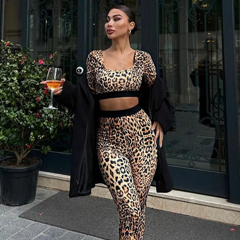 Sexy Leopard New Long Sleeves T-shirt Trousers Women 2 Piece Streetwear Fashion Bodycon Female Elegant Backless Knitted Clothing