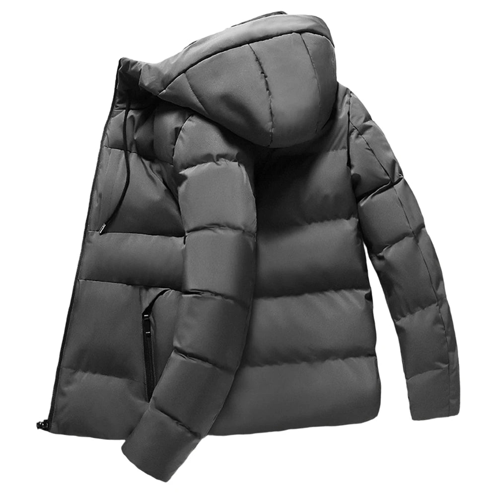 Men\'s Thickened Down Cotton Coat with Hood Long Sleeves and Zipper Warm Outerwear Jacket for Casual and Daily Wear Multi Season