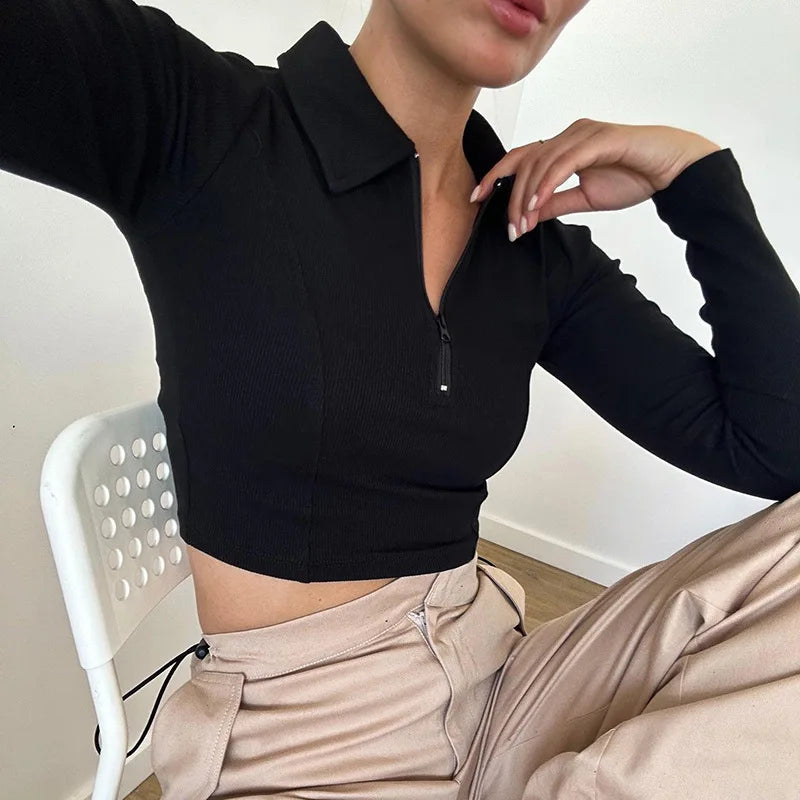 Women's T-shirt Autumn New Black Long Sleeves Crop Top Casual Fashion Zippers T-shirt Lady Turn-down Collar Sexy Tops Clothing
