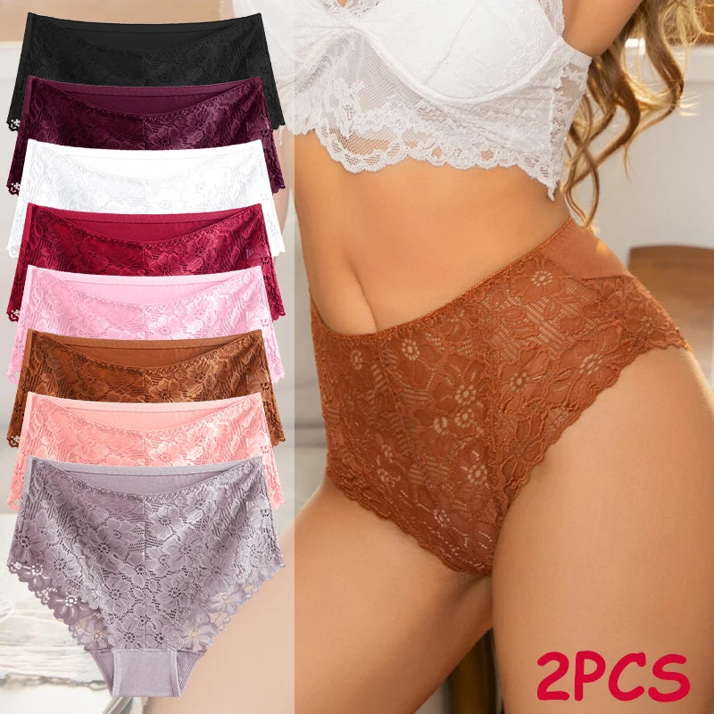 2Pcs/Set Women's S-XXL Luxury Lace Embroidery Briefs Underpants Summer High Waist Hollow Breathable Panties Female Sexy Lingerie