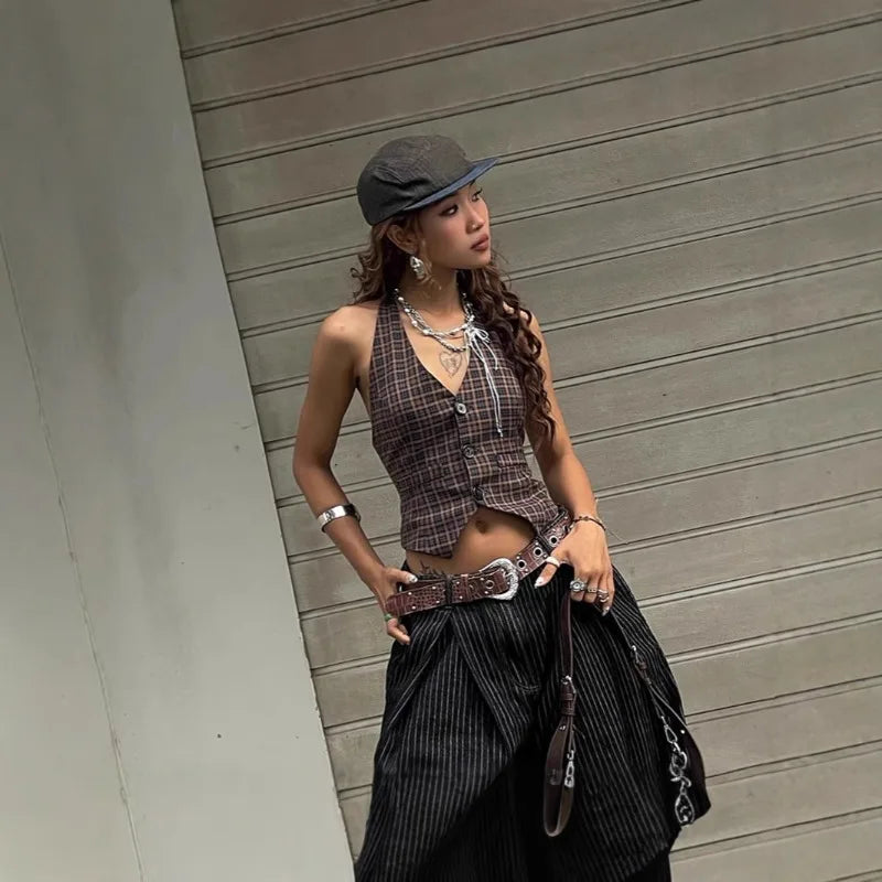 Plaid Print Vintage Cardigan V-neck Buttons Halter Casual Crop Tops Sexy Backless Sleeveless Tank Tops Fashion Streetwear Vest