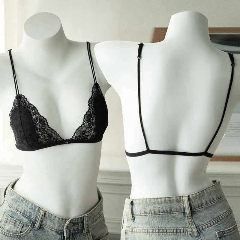 French-style Sensual Lingerie with Thin Lace, Back Zipper, Wireless Pure Cup, Ultra-thin Comfy Triangle Cups for Small Bust Fit