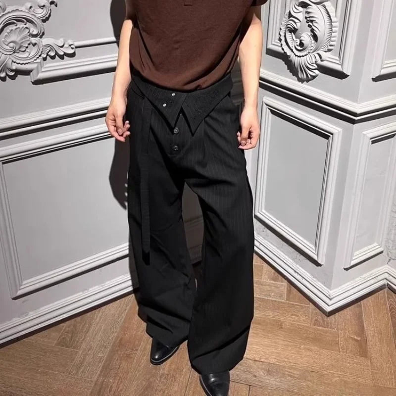 Fashionable Pinstripe Casual Pants Spring Autumn Wide-Leg Vintage Embroidered Men's Clothing Loose Folds Straight Basic Trousers