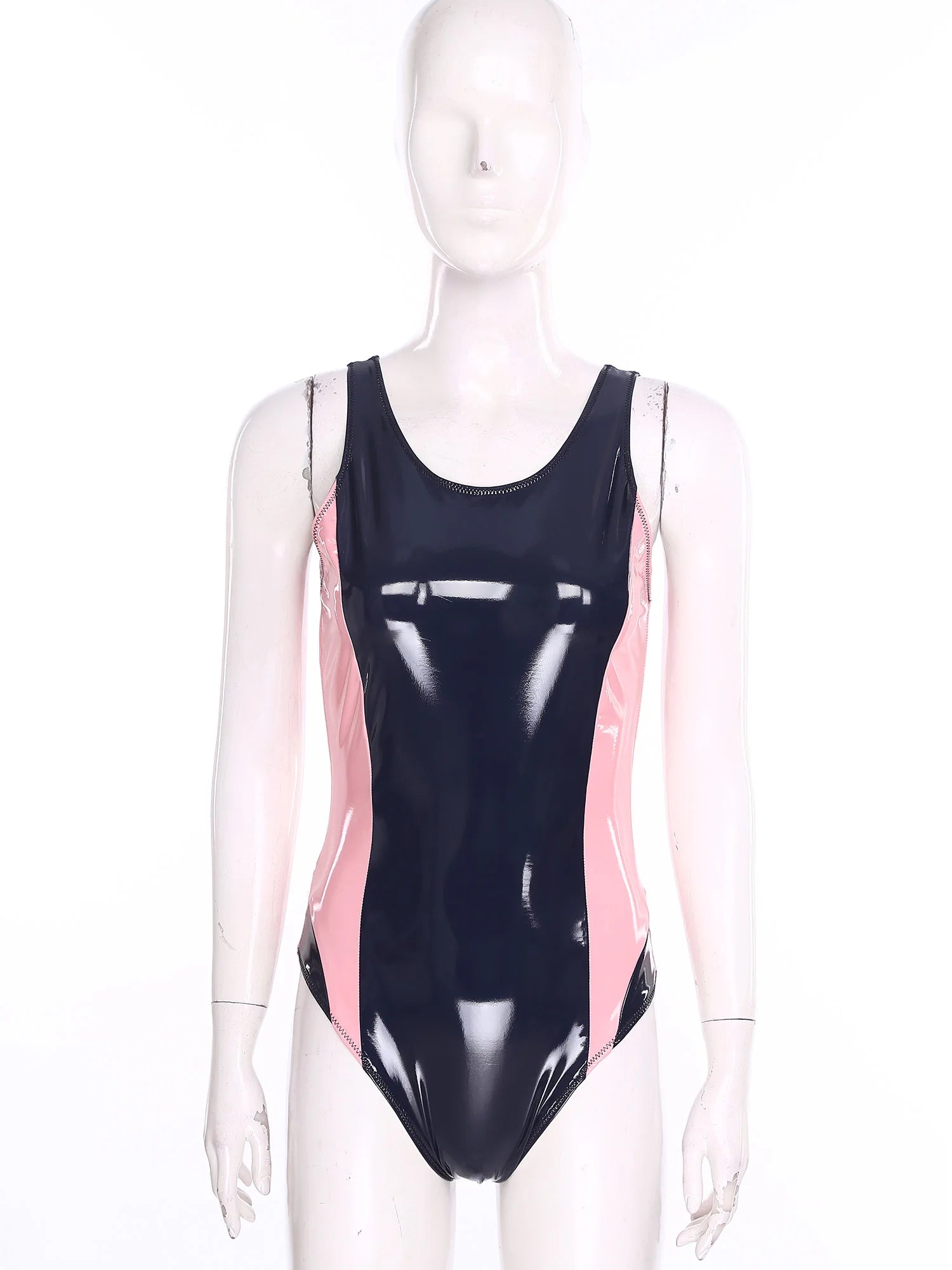 Women Wet Look PU Leather Bodysuit Swimsuit Bathing Suit Leotard Crew Neck Sleeveless Bodycon Jumpsuit for Raves Club Pool Party