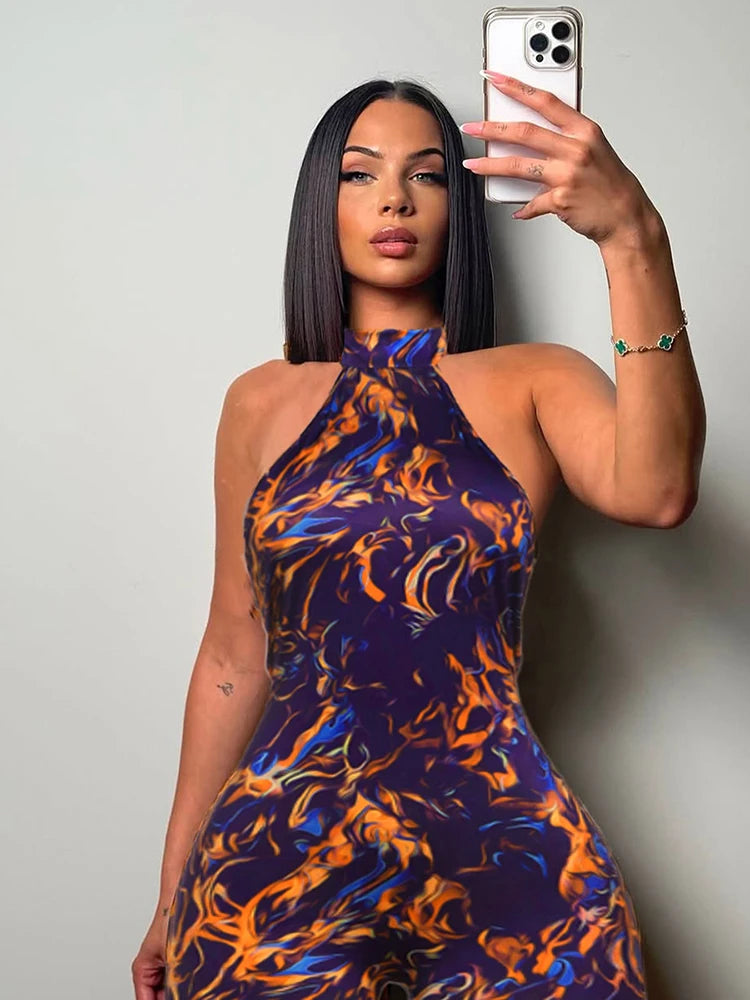 Nibber Summer Trend Backless Romper Women Halter Bandage Leopard Print Fit Tight Stretch Sexy Hipster Activity Workout Playsuits