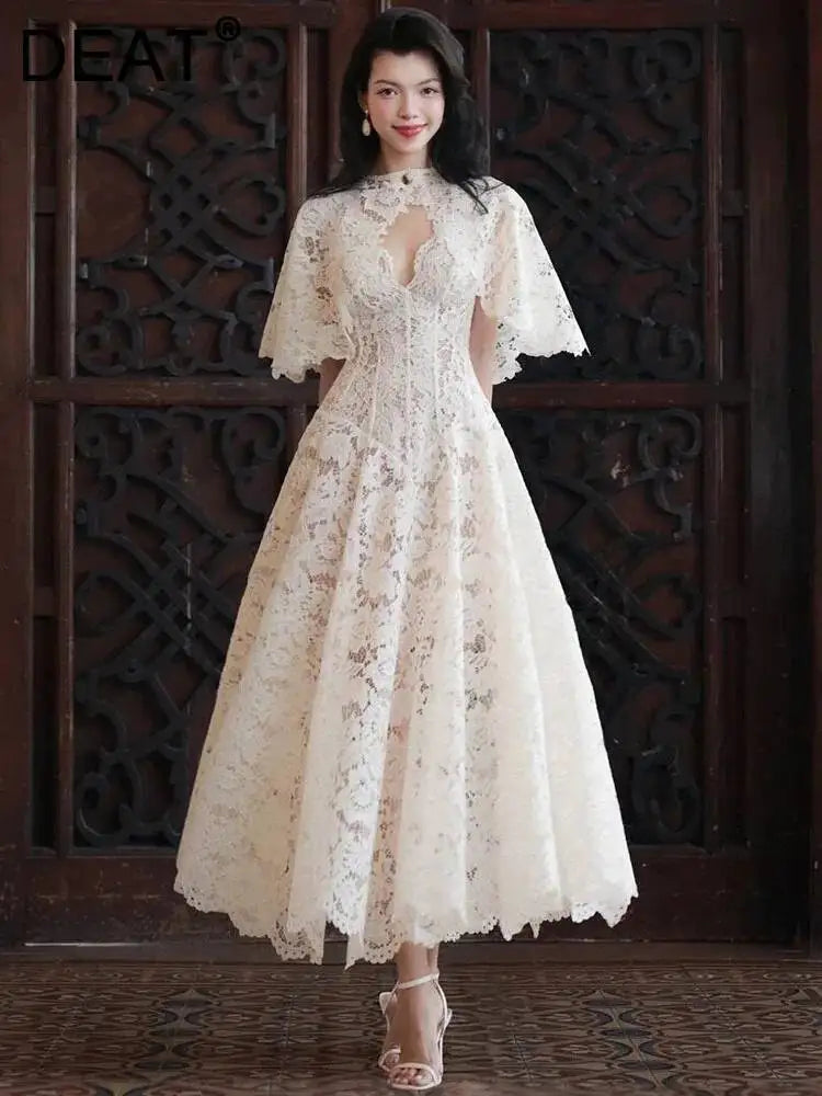 DEAT Elegant 2 Pcs Set Shawl V-neck Flower Lace Hollow Out Swing Dress Women's Evening Party Dresses 2026 Spring New 35Z4387