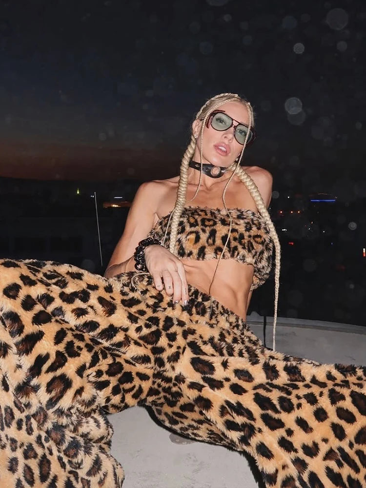 Kliou Fashion Furry 2 Piece Set Woman Leopard Print Chest Wrap Tank Tops+Straight Long Pant Hot Girls Street Hip-Hop Style Suits