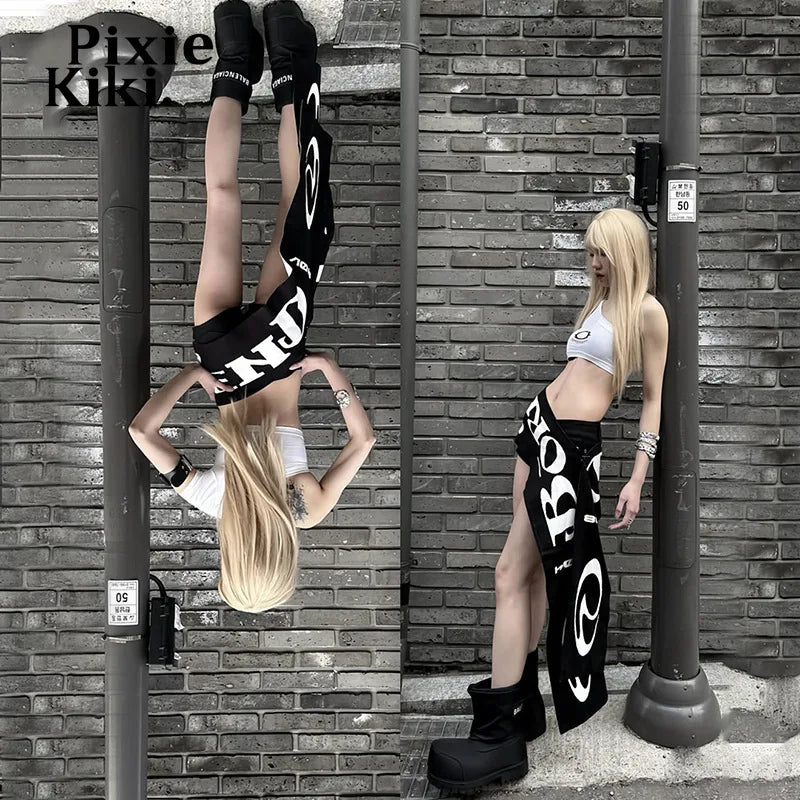 PixieKiki Letter Print Black Belts for Woman Harajuku Streetwear Y2k Scene 2000s Emo Accessory for Clothes P94-BB15