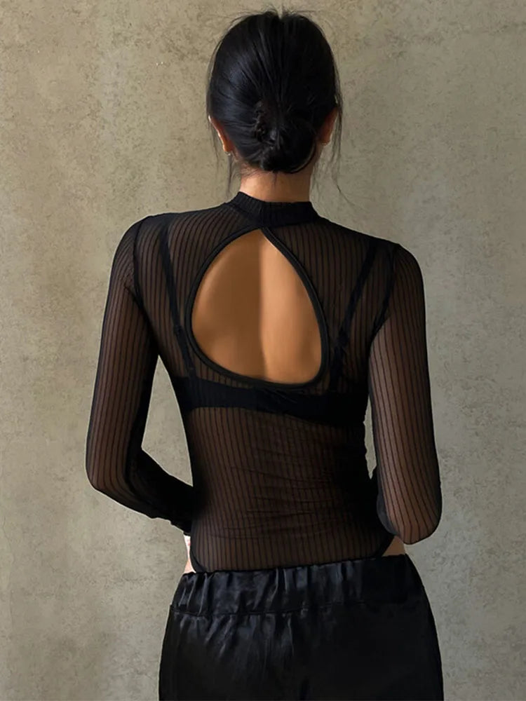 Black Mesh Transparent Sexy Bodysuit Long Sleeve Slim Skinny Stripe Mock Neck Casual Rompers Women Lady Party Club Body