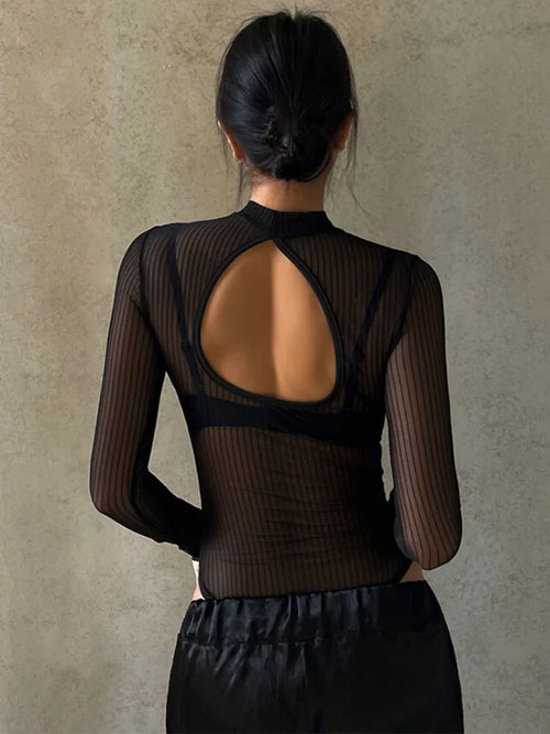 Black Mesh Transparent Sexy Bodysuit Long Sleeve Slim Skinny Stripe Mock Neck Casual Rompers Women Lady Party Club Body