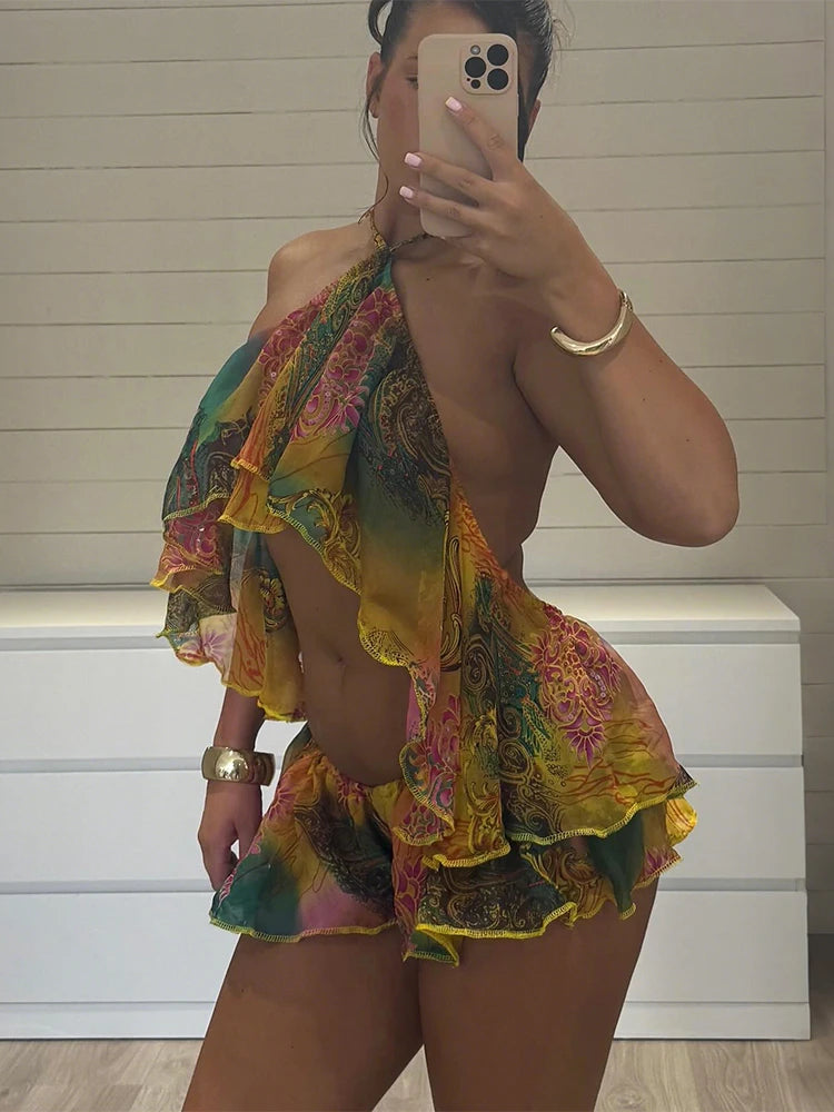 Kliou Colorful Print 2 Piece Set Woman Summer Trend Halter Backless Ruffles Camisole Tops+Elastic Waist Shorts Beach Style Suits