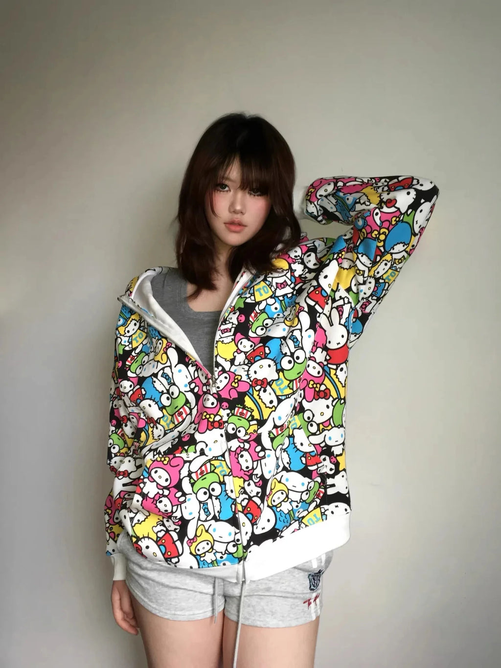 Sanrio Colorful Hoodies Fall Jacket Oversized Sweatshirts Casual Drawstring Zip Up Y2K Hoodie with Men Women Fashion Casual Top