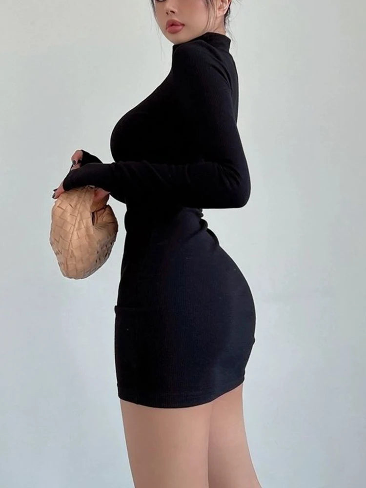 Turtleneck Long Sleeves Dresses Black Sexy Pleated Bodycon Mini Dress 2025 Fall Winter Women Streetwear Party Club Y2K Clothings