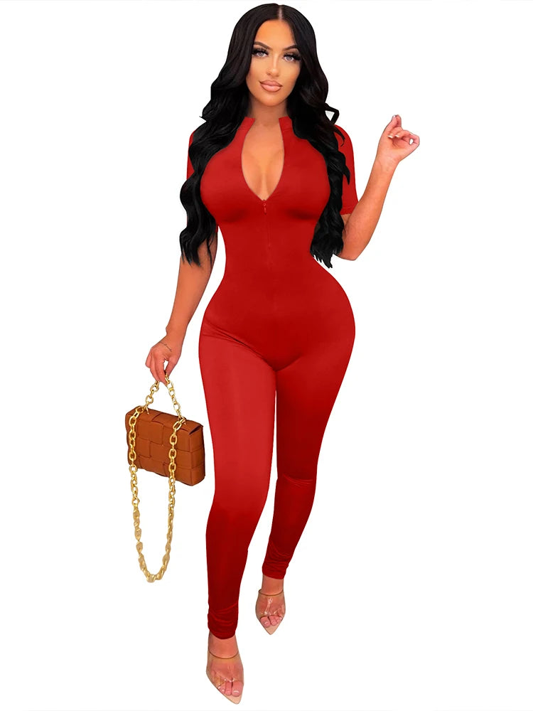 New Autumn and Winter Short Sleeve V Neck Bodycon Jumpsuit Full Lengt Rompers Women Jumpsuits