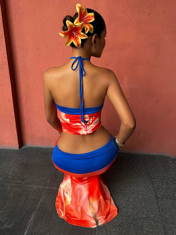 Kliou Floral Print 2 Piece Set Woman Summer Trend Halter Off Shoulder Backless Crop Tops+Elastic Waist Long Skirts Elegant Suits