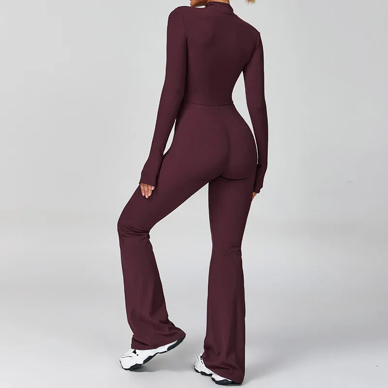 New Autumn/Winter Women's One-piece Yoga Jumpsuit Long Sleeve Front Zipper High Intensity Fitness Flare Bodysuit Workout Clothes
