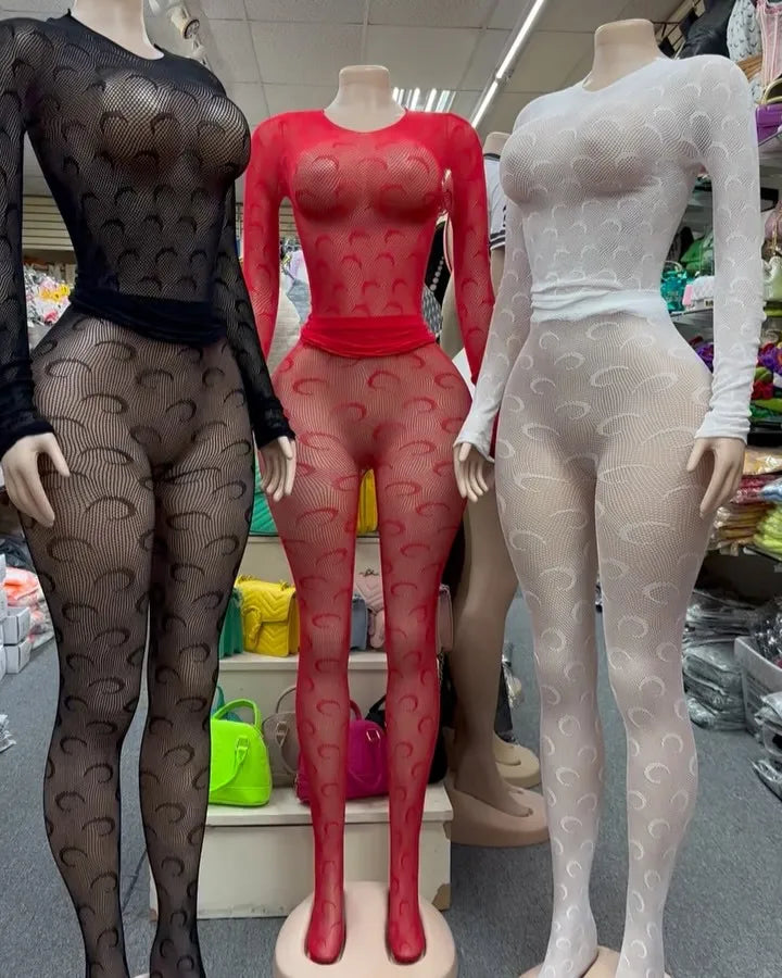 STYLISH LADY Moon Printed Mesh 2 Piece Set Women Long Sleeve Top and Skinny Footed Pant Suits 2025 See Through Sexy Club Outfits