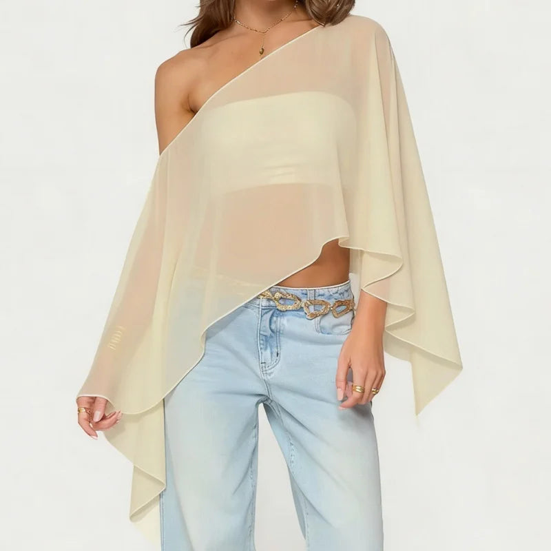 Women Sheer Mesh Poncho Top One Shoulder See Through Cape Blouse Asymmetrical Cover Up Beach Party Shrug Top