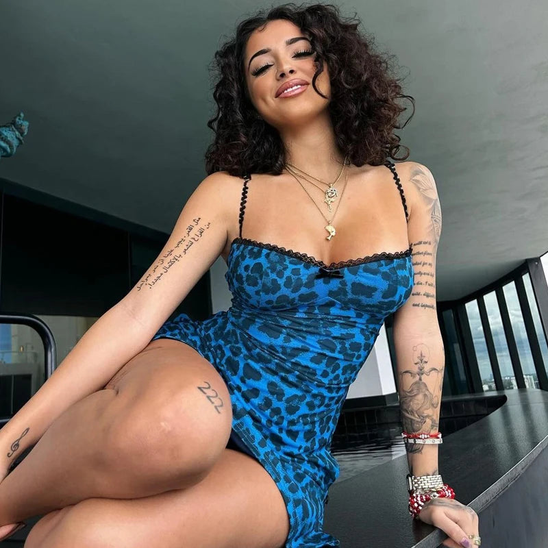 Sexy Mini Dress Summer Fashion Print Slips Backless Patchwork Bow Slit Slim Women New Outfits Birthday Party Club