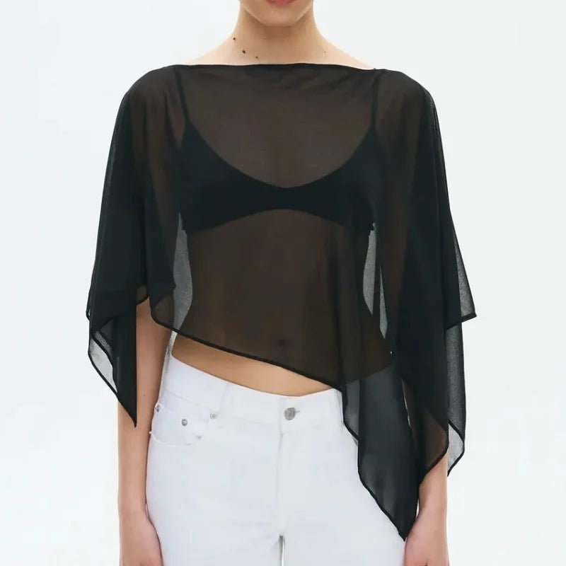 Womens Sheer Mesh Poncho Y2k Loose Solid Boat Neck Irregular Shrug Trendy Casual See Through Off Shoulder Beach Coverup Top New