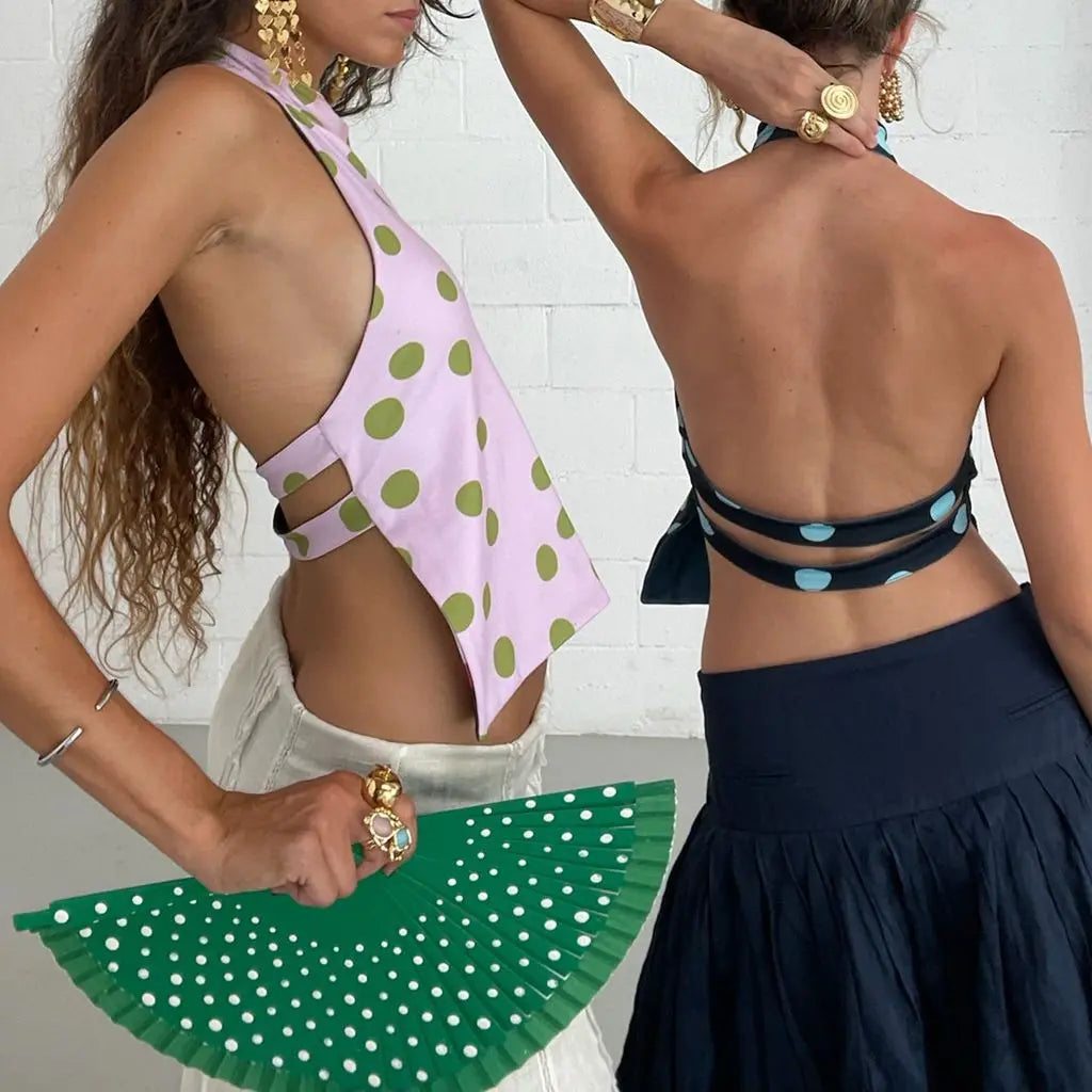 Combhasaki Women's Y2K Button Closure Halter Neck Crop Tops Sleeveless Backless Aesthetic Dots/Tie-dye Flower Print Summer Vests