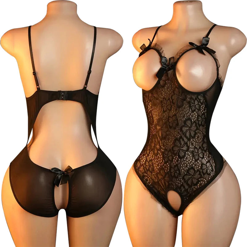 Women Porn Underwear Lace Hollow Open Bra Set Plus Size Sexy Costumes Deep V Neck Teddy Bodysuits Erotic Crotchless Lingerie Set