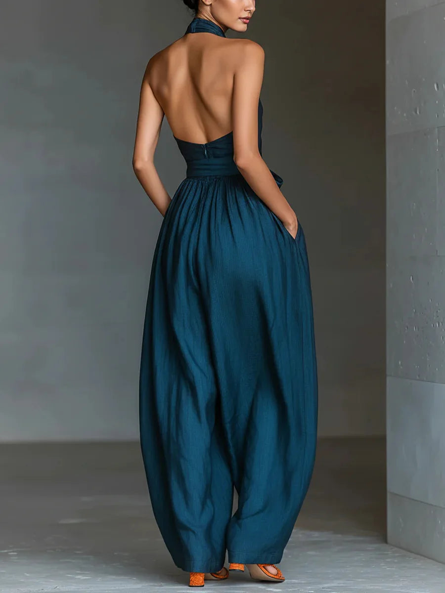 Chic Sexy Ciss Cross Halter Backless Jumpsuit Woman Spring Elegant Solid Tie Waist Romper Summer Hollow Wide Leg Pocket Overalls