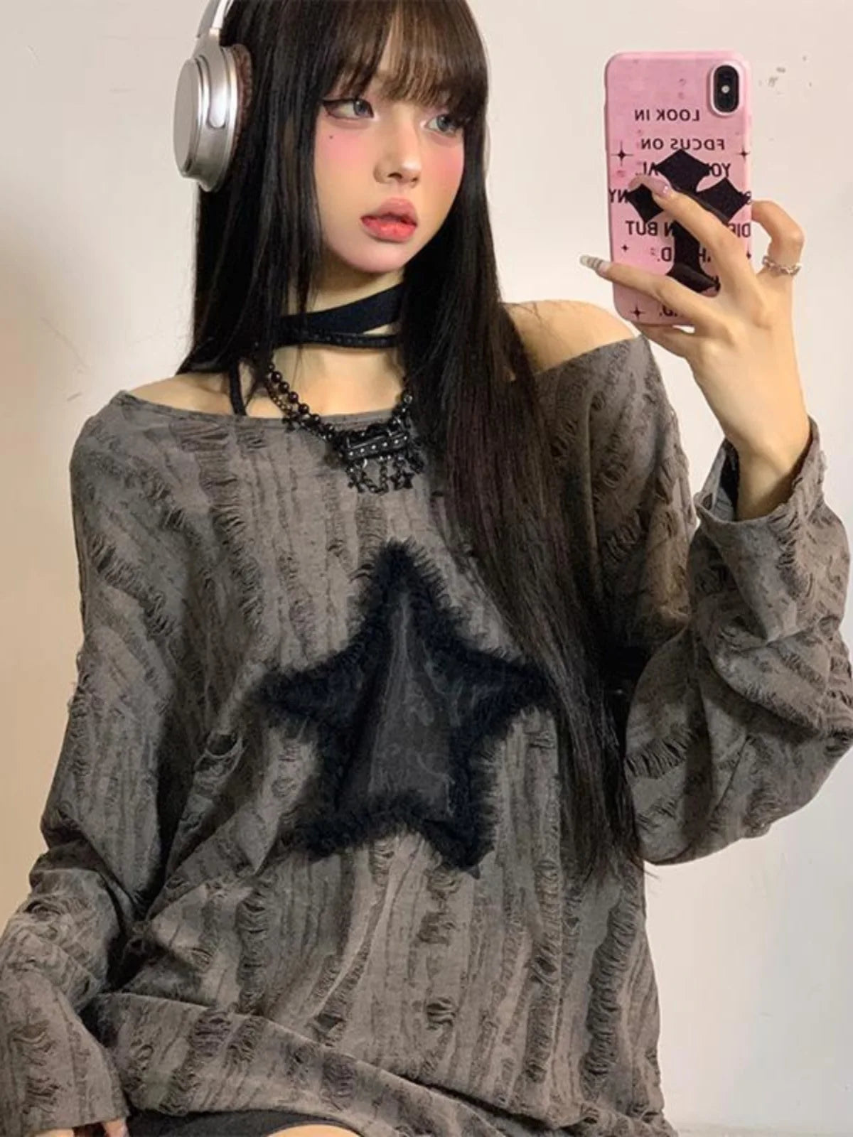 Hole Star Loose Y2K T Shirt Women O Neck Drawstring Long Sleeve Tees Fashion Streetwear Kpop Pullover Tops Female T-shirts