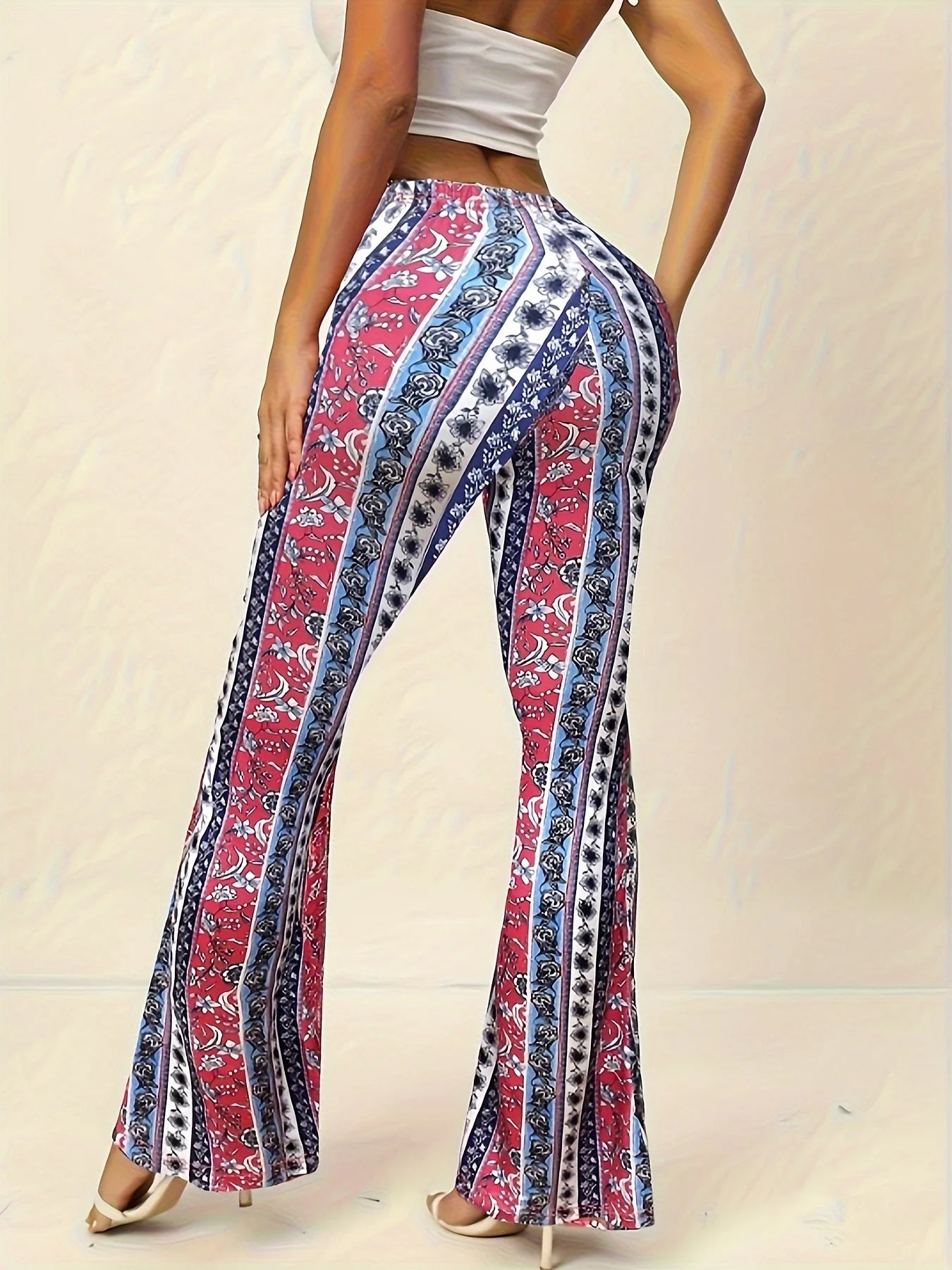 Ladies' Elegant Floral Print Flared Pants Casual Leggings Fashionable Women's Comfortable Long Pants