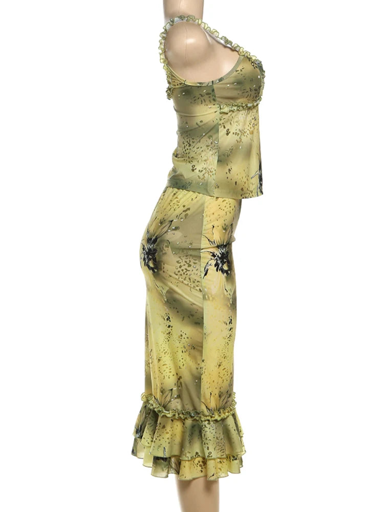 kliou Tie Dye Ruffle Trim Women 2 Piece Set Summer  Aesthetic Low Neck Camis+Stacked Slim Maxi Skirts Female Vacation Outfits
