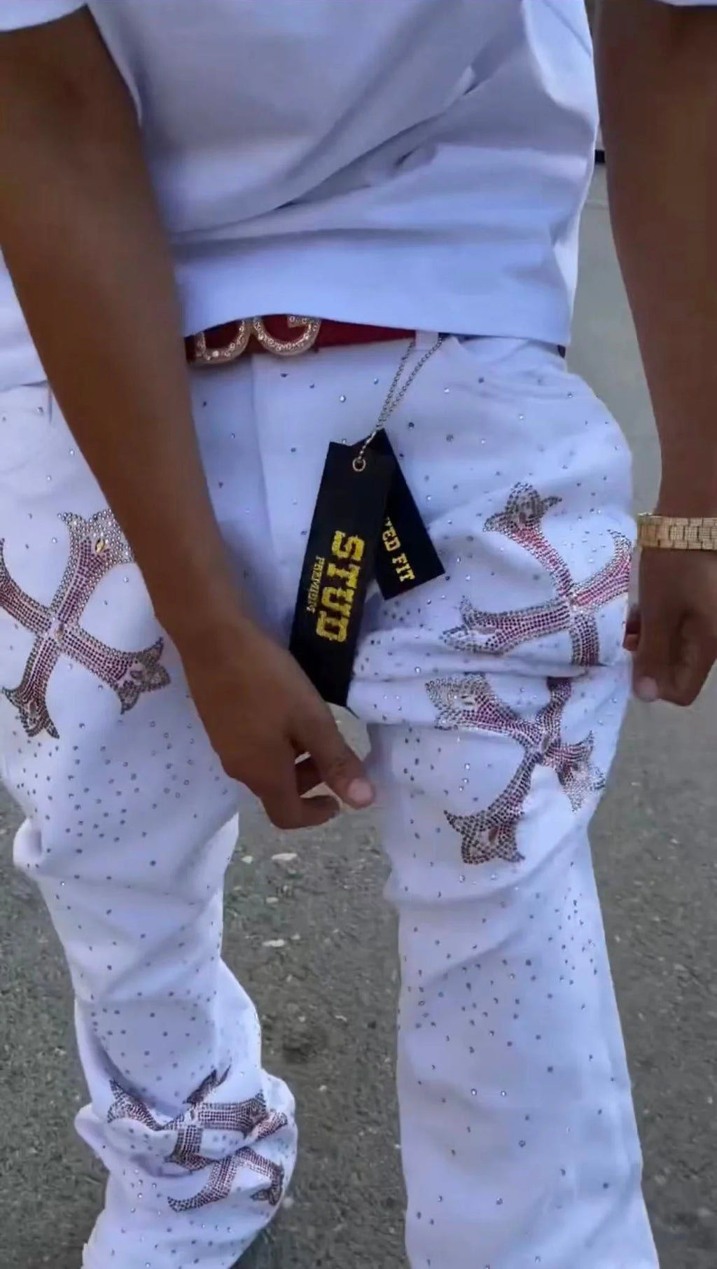 Mens Unisex White Rhinestone Studded Cross Design Skinny Flared Jeans Hip Hop Streetwear Y2K Vintage High Waist Denim Pants